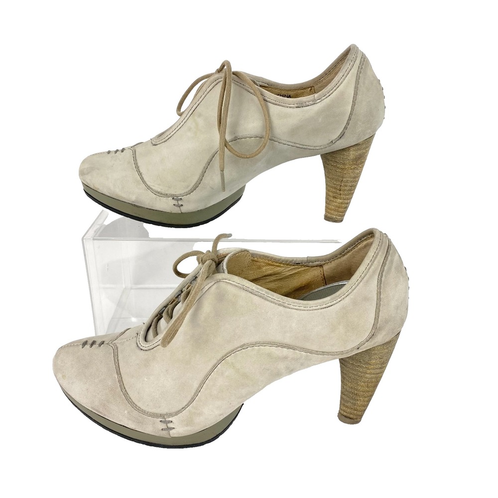 Terra Plana Nubuck Leather Platform Heels Booties Women's 5.5 Beige Lace Up Fine